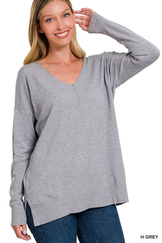 Zenana V-Neck Front Seam Sweater With Side Slit-Sweaters-Zenana-Evergreen Boutique, Women’s Fashion Boutique in Santa Claus, Indiana