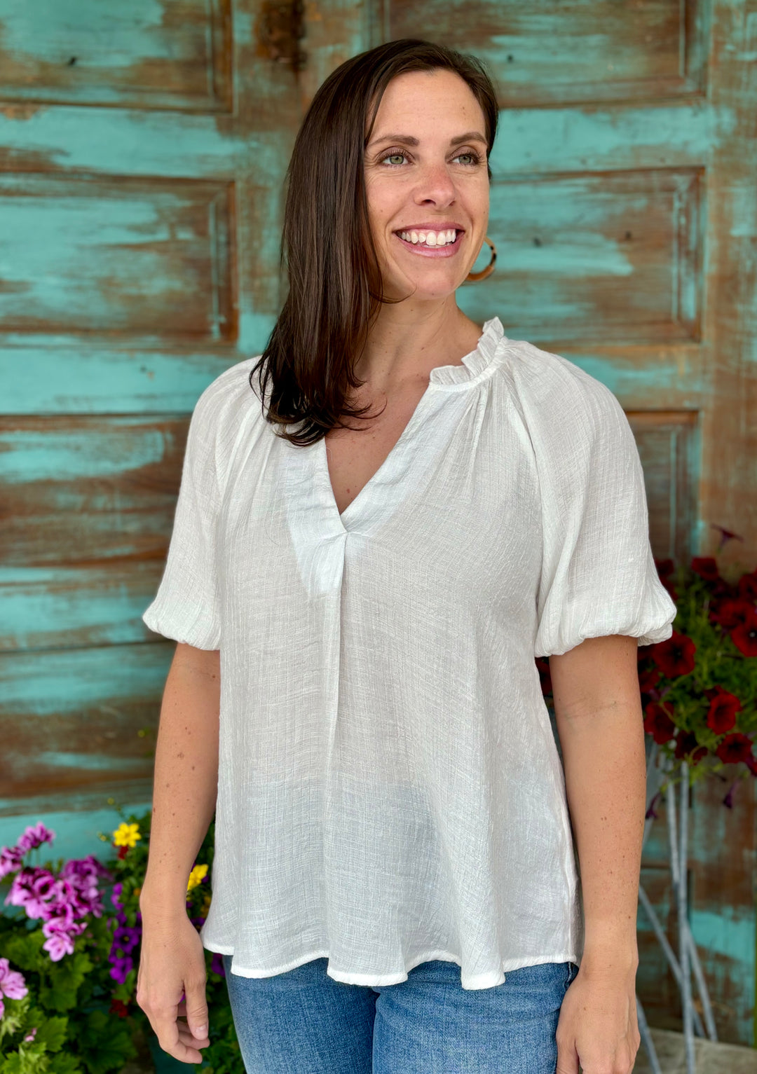 Daybreak V Neck top-Short Sleeves-Blu Pepper-Evergreen Boutique, Women’s Fashion Boutique in Santa Claus, Indiana