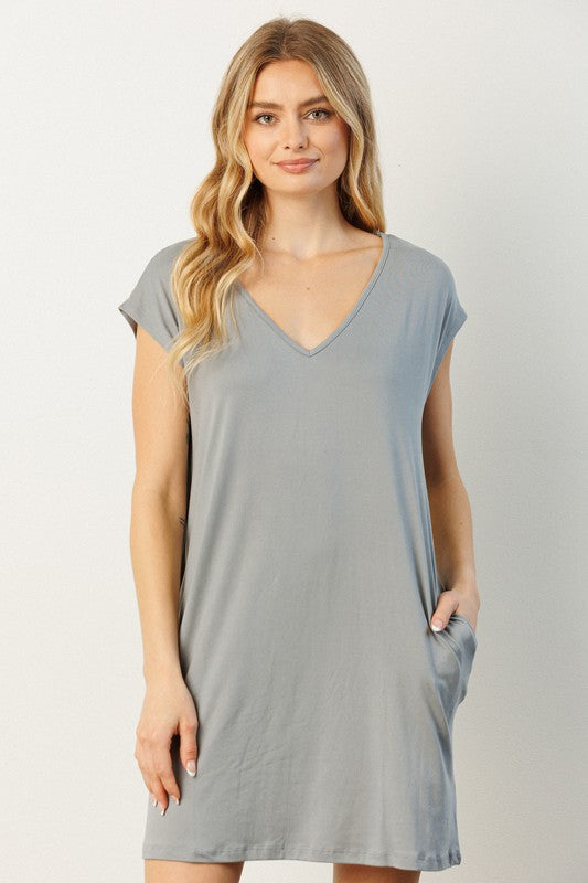 Grey view. Cozy Overdozy T-Shirt Dress-Dresses-Mittoshop-Evergreen Boutique, Women’s Fashion Boutique in Santa Claus, Indiana