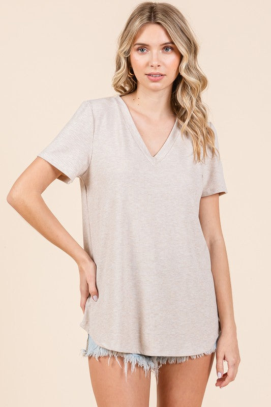 Oatmeal View. Casual Ease Ribbed Top-Short Sleeves-Mittoshop-Evergreen Boutique, Women’s Fashion Boutique in Santa Claus, Indiana