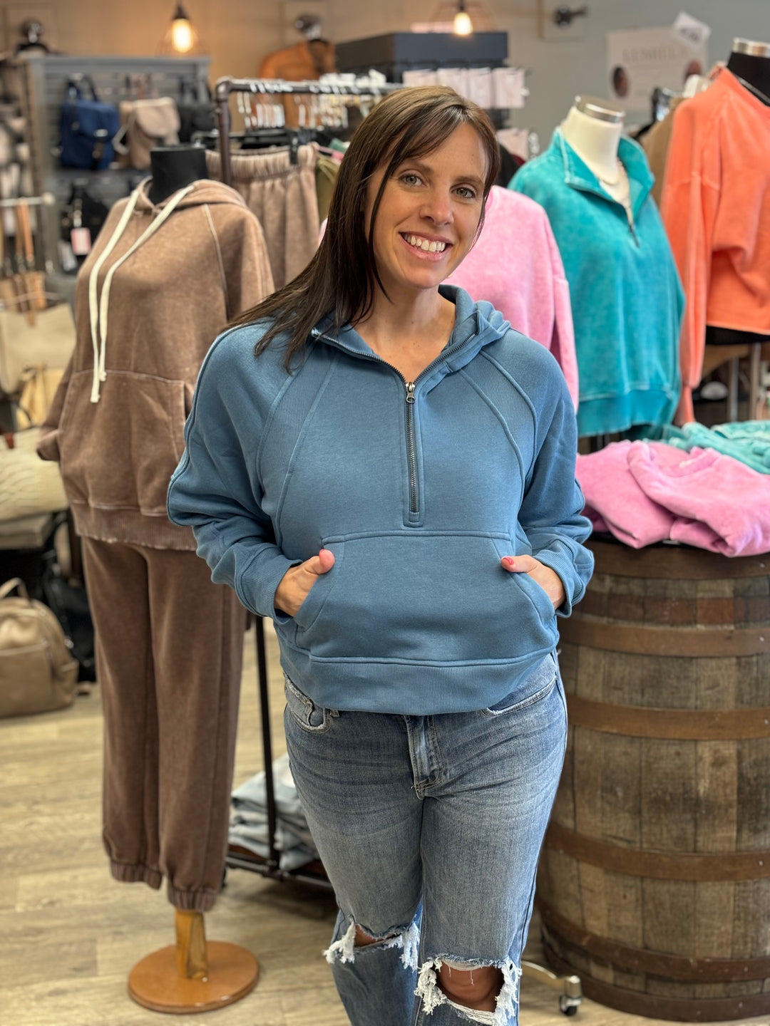Half Zipped Cropped Hoodie-Short Sleeves-Rae Mode-Evergreen Boutique, Women’s Fashion Boutique in Santa Claus, Indiana