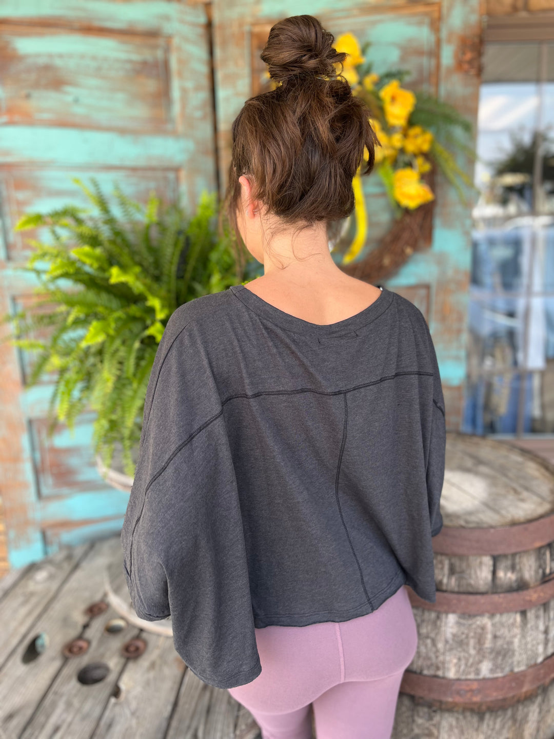 Oversized Crop Tee With Twisted Sleeve Band Detail-Long Sleeves-Rae Mode-Evergreen Boutique, Women’s Fashion Boutique in Santa Claus, Indiana