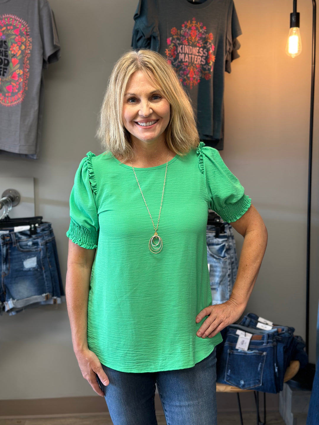 Woven Short Sleeve Top With Smocked Sleeve Cuff-Short Sleeves-Reborn J-Evergreen Boutique, Women’s Fashion Boutique in Santa Claus, Indiana