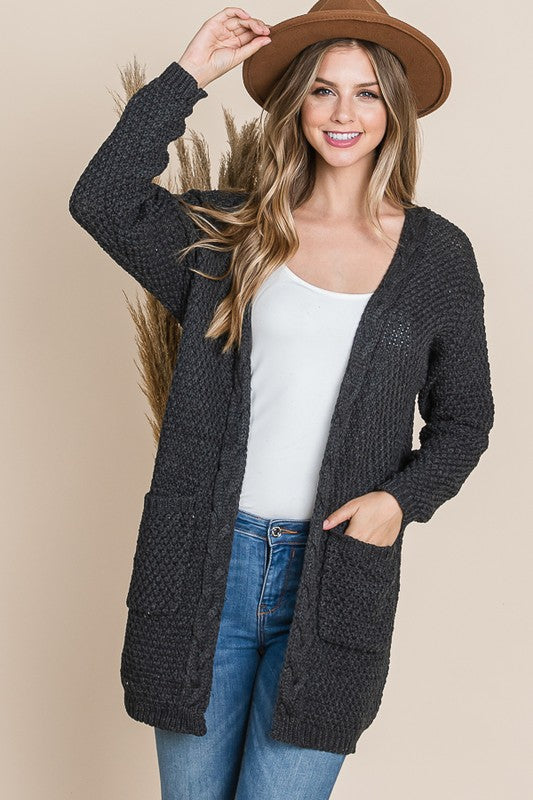 Cable Knit Open Front Waffle Cardigan-Cardigans-Reborn J-Evergreen Boutique, Women’s Fashion Boutique in Santa Claus, Indiana
