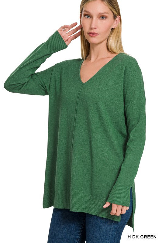 Hi-Low Hem V-Neck Center Seam Sweater-Sweaters-Zenana-Evergreen Boutique, Women’s Fashion Boutique in Santa Claus, Indiana