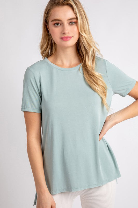 Boat Neck Basic Tee With Side Slits-Short Sleeves-Love Tree-Evergreen Boutique, Women’s Fashion Boutique in Santa Claus, Indiana