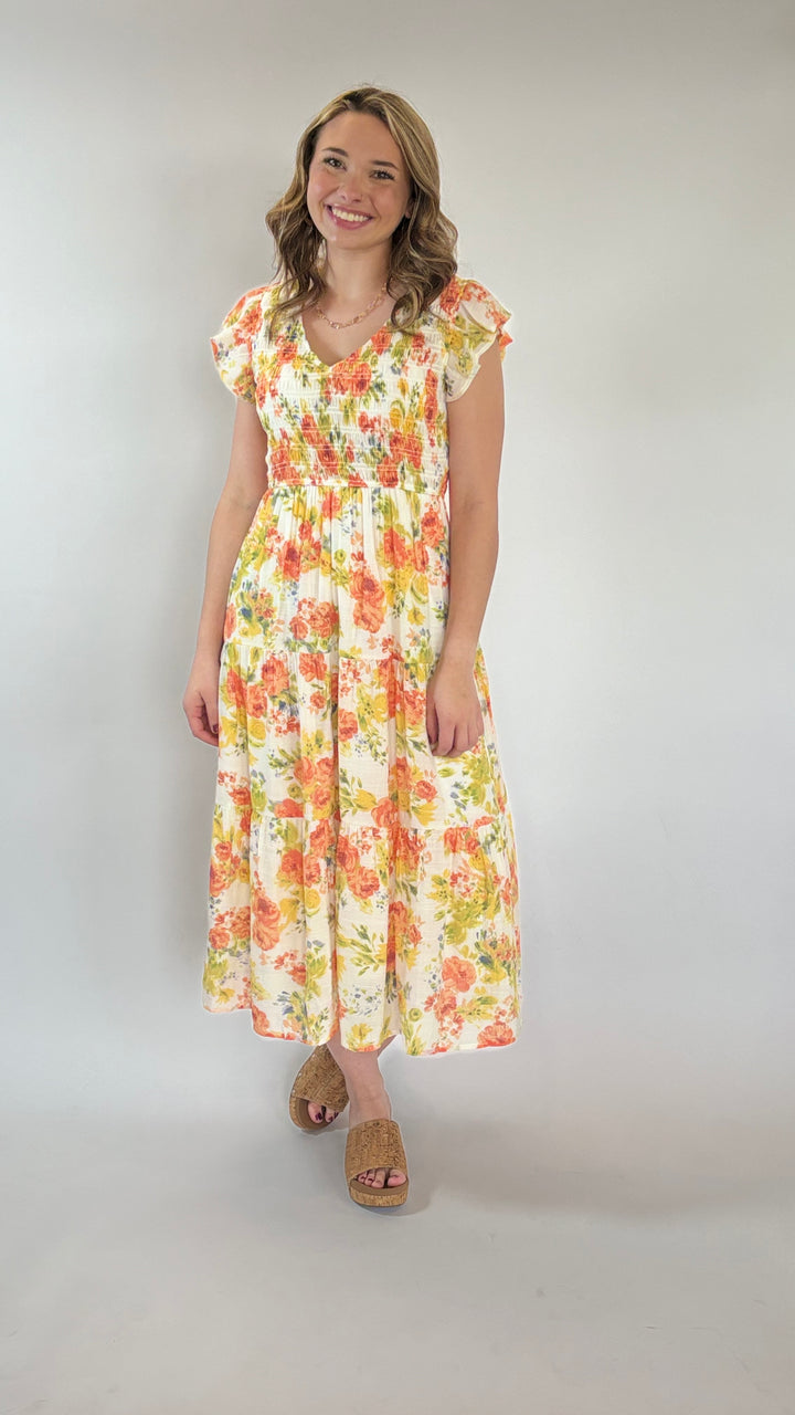 Floral V Neck Dress-Dresses-Mine and E&M-Evergreen Boutique, Women’s Fashion Boutique in Santa Claus, Indiana