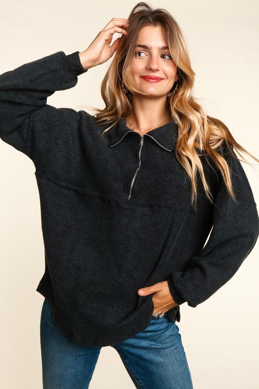 Half Zip Up Long Sleeve Oversized Pullover-Sweatshirts-Haptics-Evergreen Boutique, Women’s Fashion Boutique in Santa Claus, Indiana
