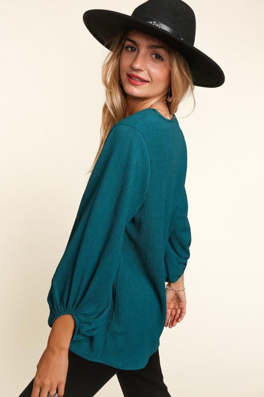 High Low Bubble Three Quarter Sleeve Woven Top-Long Sleeves-Haptics-Evergreen Boutique, Women’s Fashion Boutique in Santa Claus, Indiana