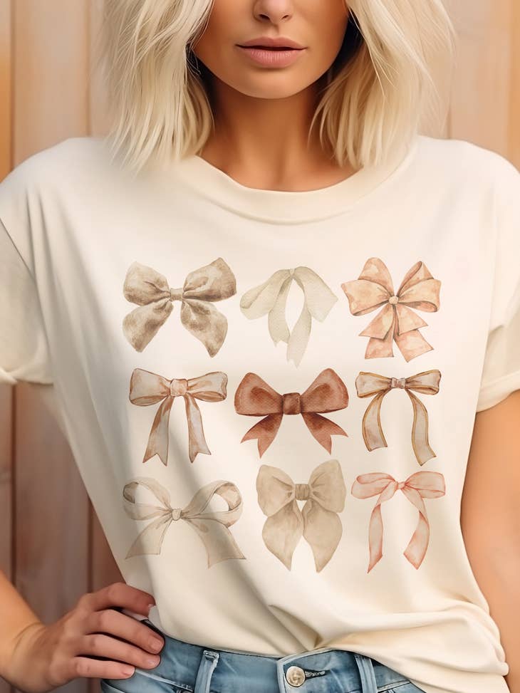 Coquette Neutral Bow Tee-Graphic Tees-Par.tees by Party On!-Evergreen Boutique, Women’s Fashion Boutique in Santa Claus, Indiana