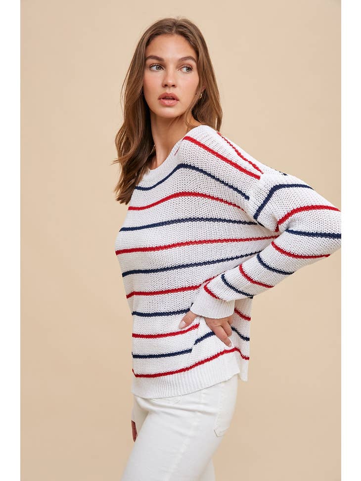 Red & Blue Stripe Sweater-Sweaters-Anniewear-Evergreen Boutique, Women’s Fashion Boutique in Santa Claus, Indiana