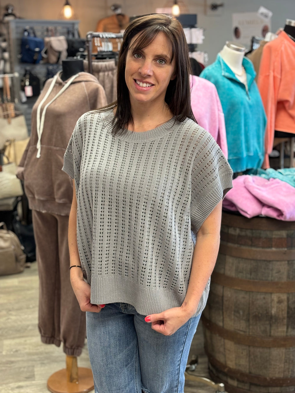 Roxy Boxy Open Knit Top-Short Sleeves-Gilli-Evergreen Boutique, Women’s Fashion Boutique in Santa Claus, Indiana
