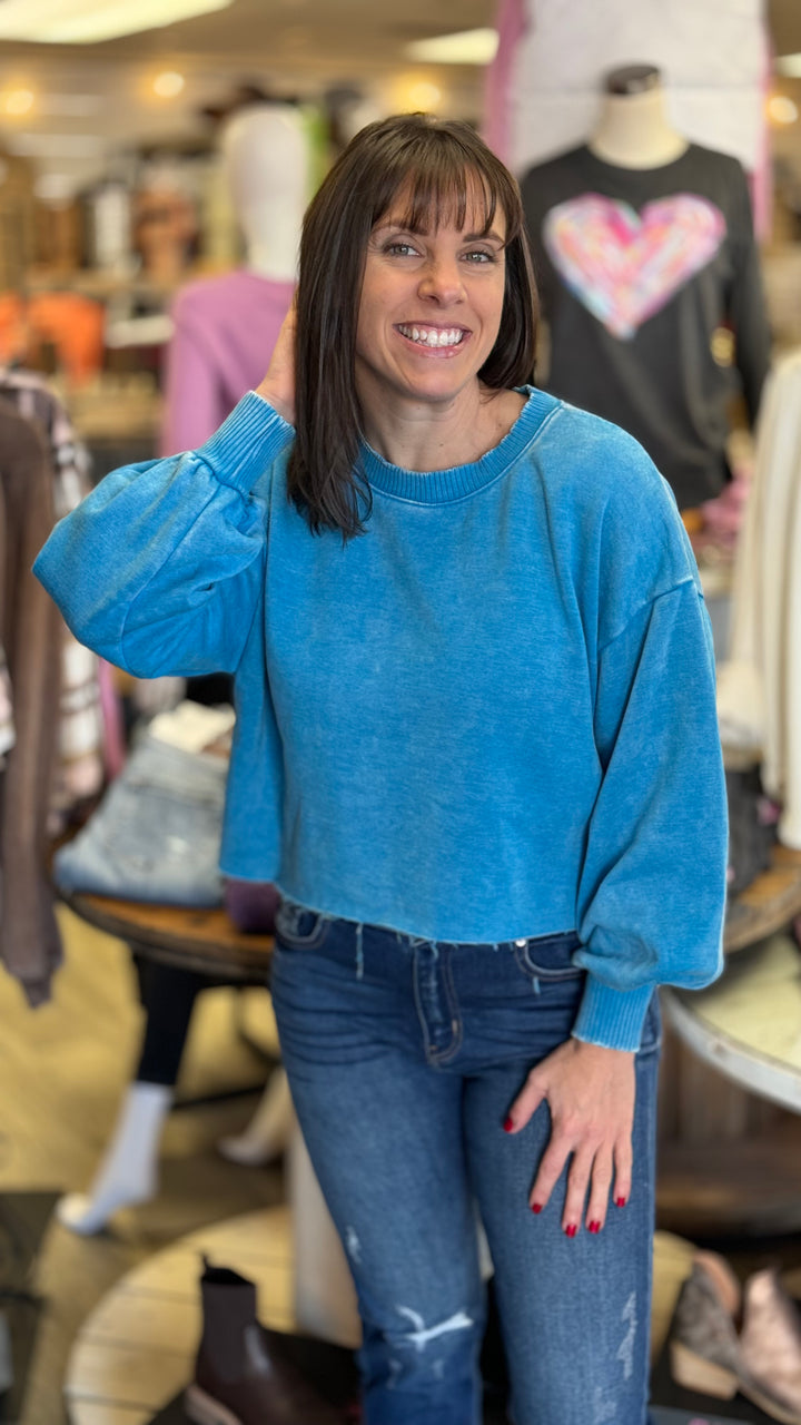 Zenana Acid Washed Fleece Cropped Pullover-Sweatshirts-Zenana-Evergreen Boutique, Women’s Fashion Boutique in Santa Claus, Indiana