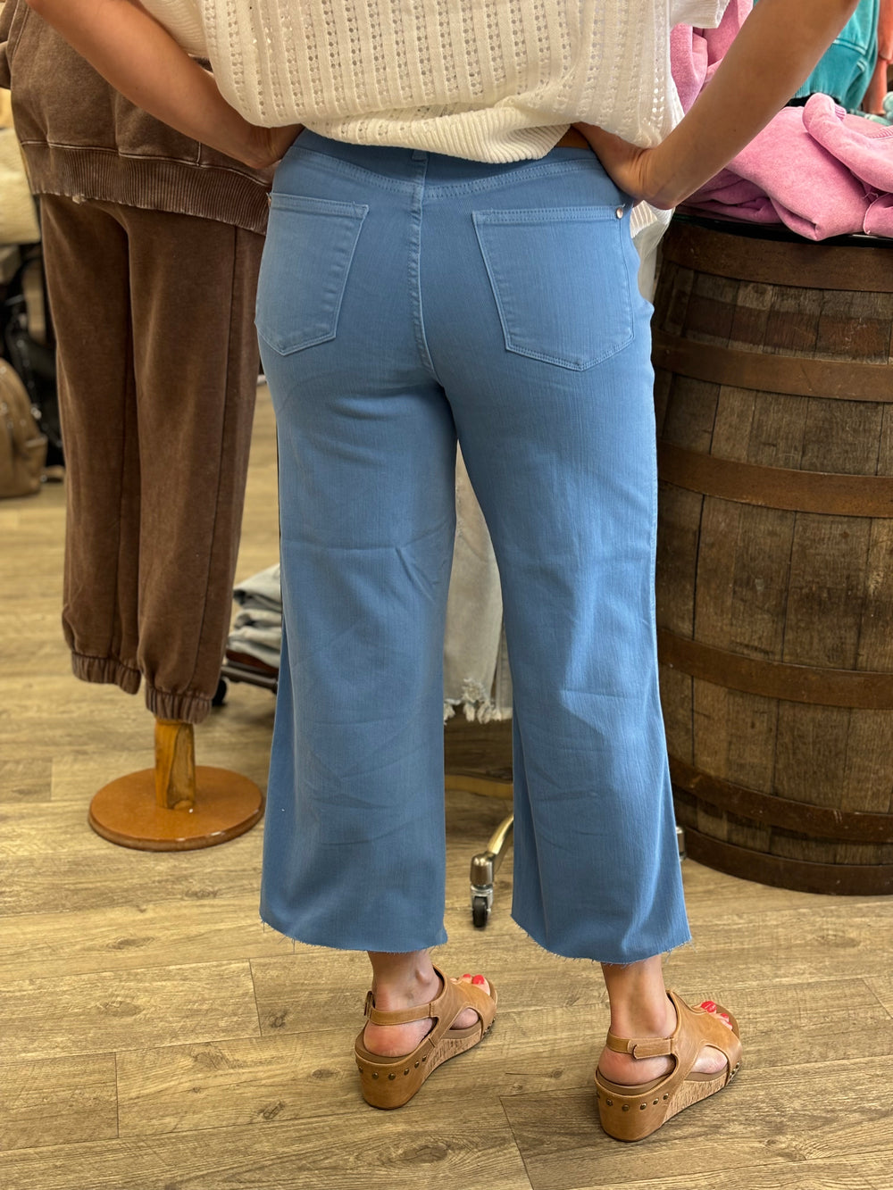 Back View. Judy Blue Cropped Jeans, Sky Blue-Jeans-Judy Blue-Evergreen Boutique, Women’s Fashion Boutique in Santa Claus, Indiana