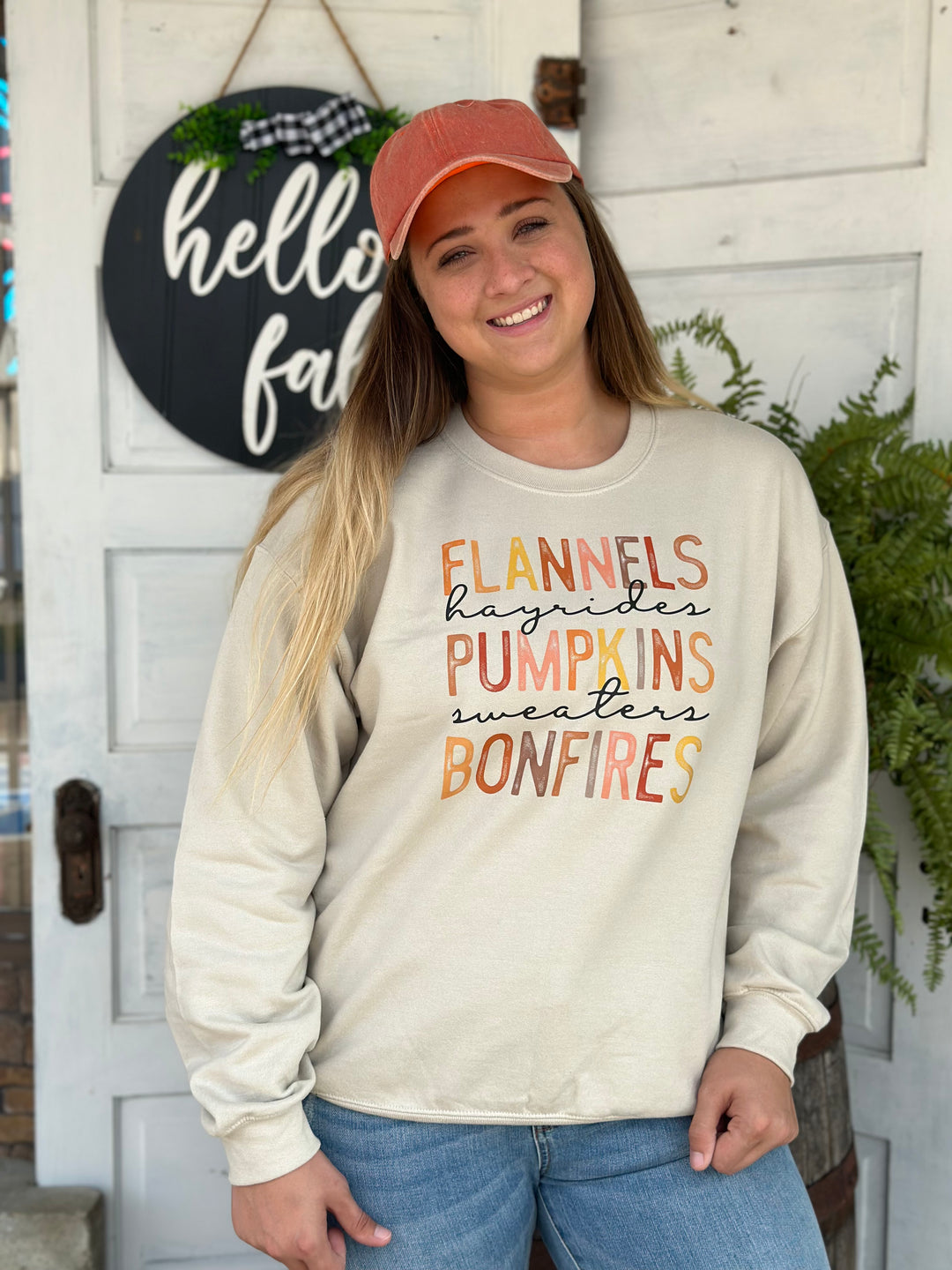 Flannels Hayrides Pumpkins Sweatshirt-Graphic Sweaters-Olive And Ivory Wholesale-Evergreen Boutique, Women’s Fashion Boutique in Santa Claus, Indiana