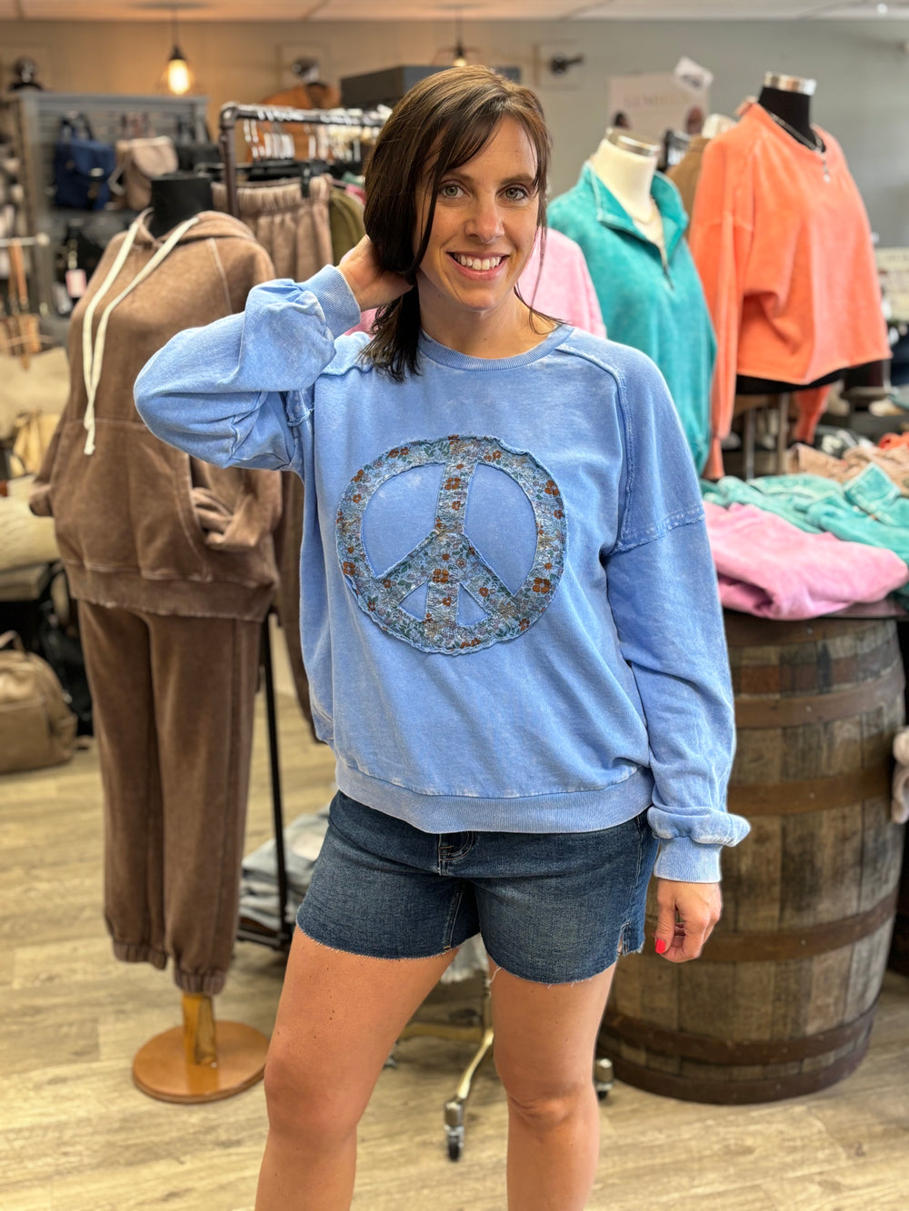 Peace Sign Washed Pullover-Sweatshirts-Easel-Evergreen Boutique, Women’s Fashion Boutique in Santa Claus, Indiana