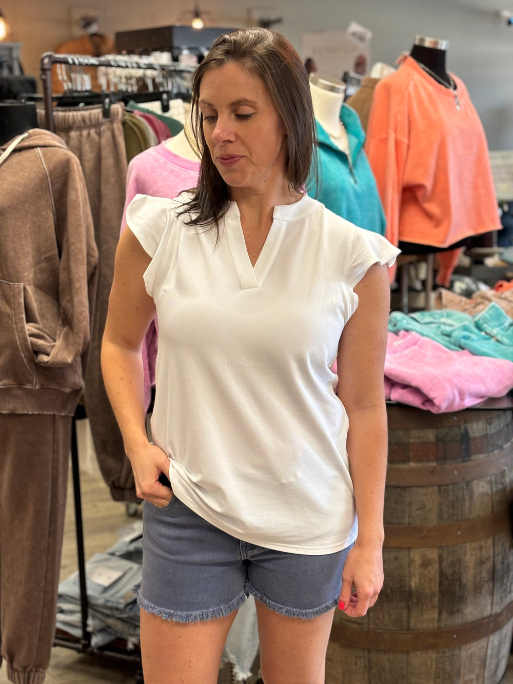 Paula White Ruffle Sleeve Top-Short Sleeves-Aryeh-Evergreen Boutique, Women’s Fashion Boutique in Santa Claus, Indiana