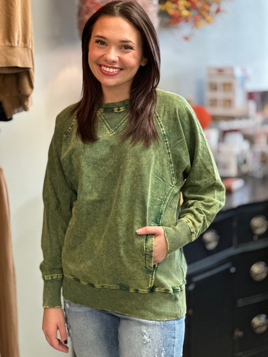 Zenana Everyday Essential Acid Wash Pocket Pullover-Sweatshirts-Zenana-Evergreen Boutique, Women’s Fashion Boutique in Santa Claus, Indiana