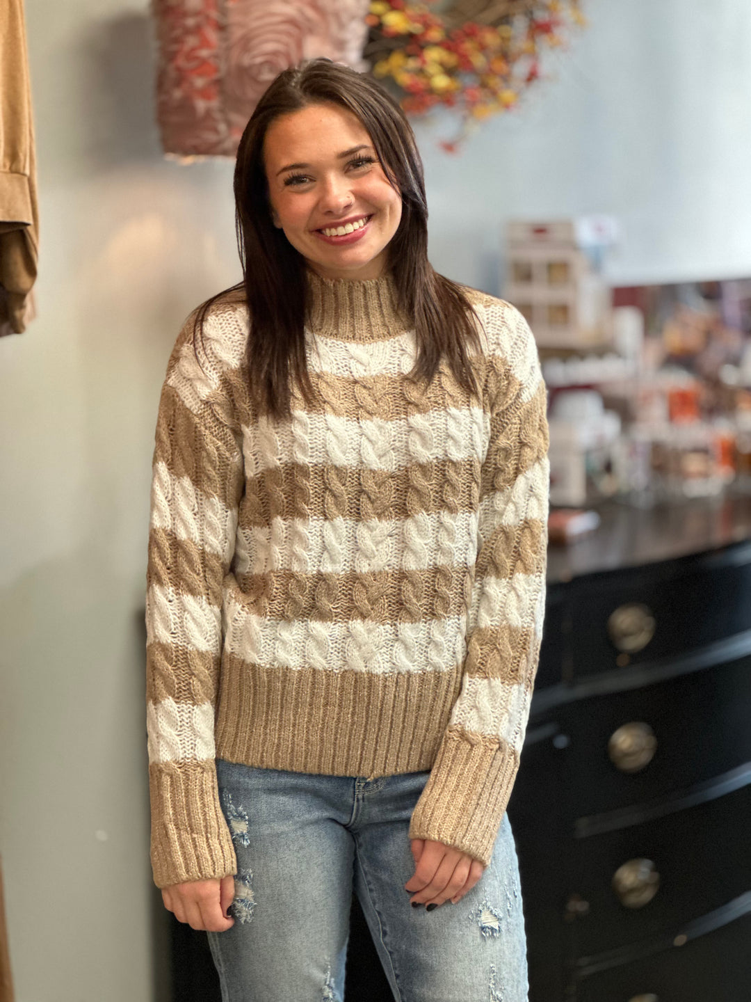 Taylor Striped Cable Knit Sweater, Khaki-Sweaters-Love Tree-Evergreen Boutique, Women’s Fashion Boutique in Santa Claus, Indiana