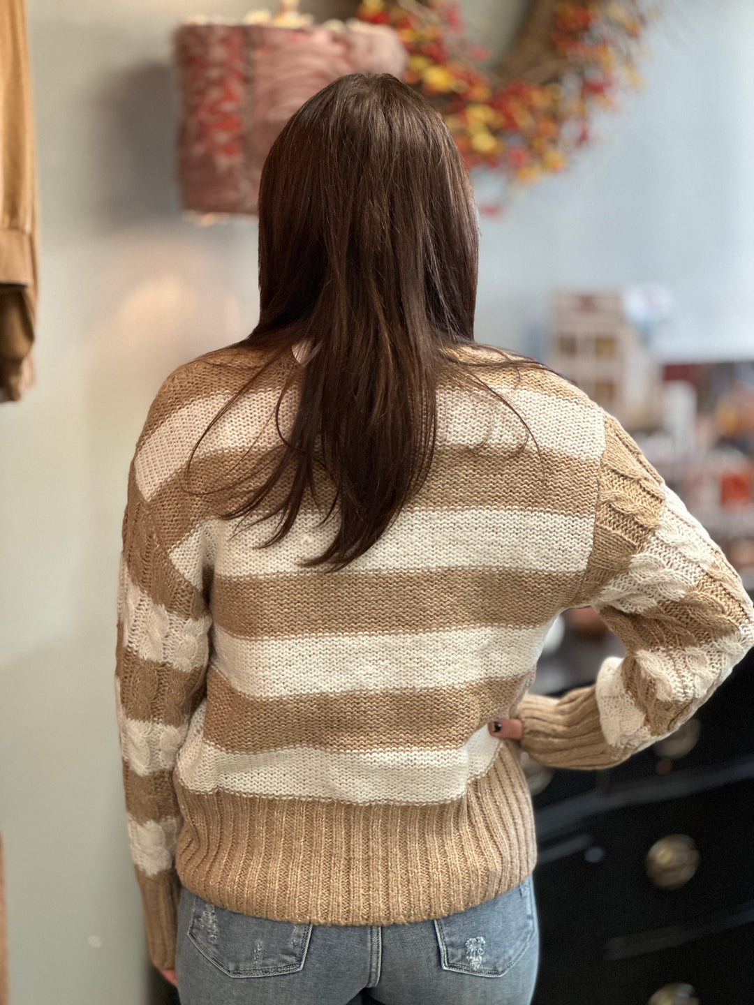 Taylor Striped Cable Knit Sweater, Khaki-Sweaters-Love Tree-Evergreen Boutique, Women’s Fashion Boutique in Santa Claus, Indiana