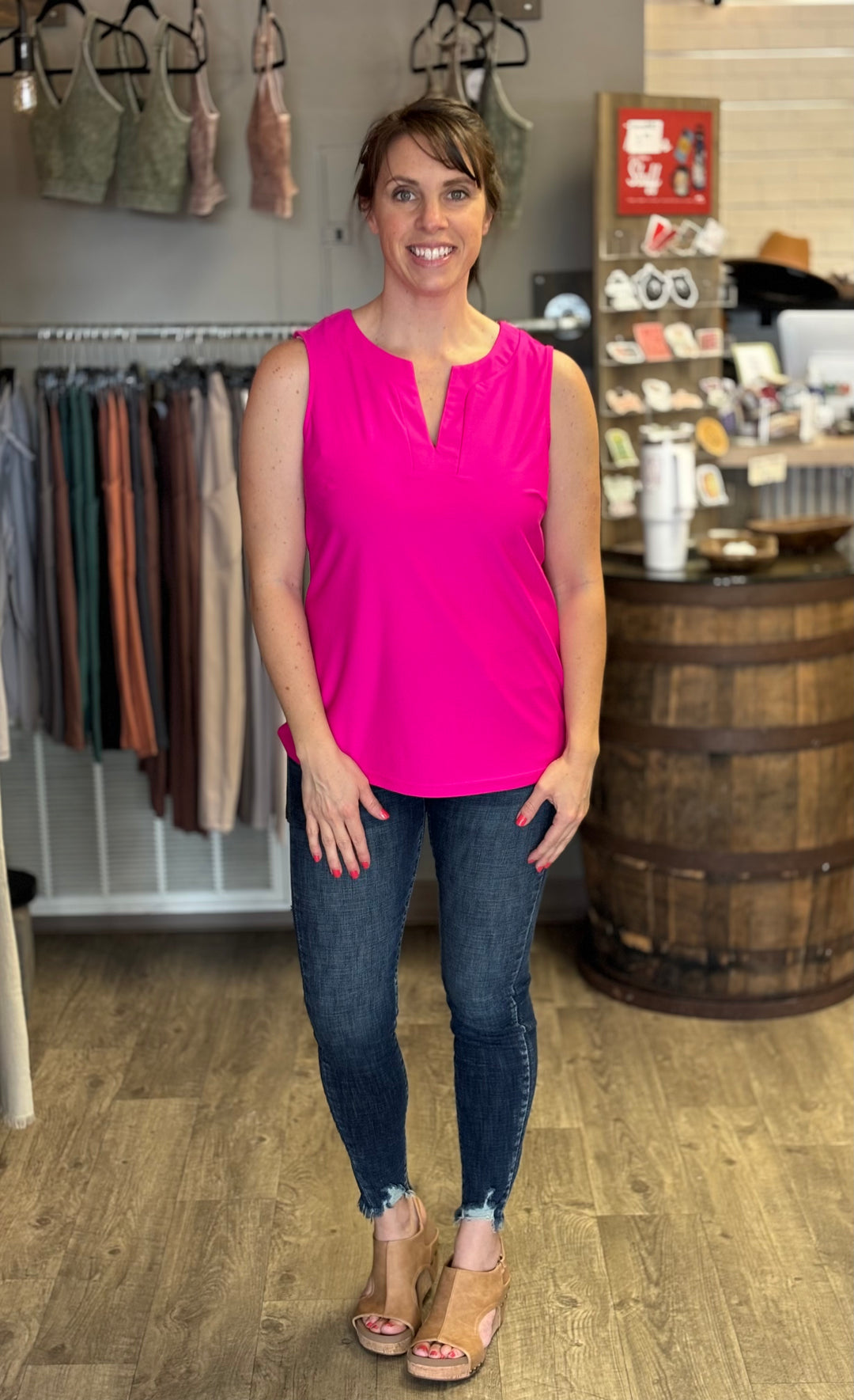 Gina Split Neck Sleeveless Top-Tank Tops-Aryeh-Evergreen Boutique, Women’s Fashion Boutique in Santa Claus, Indiana
