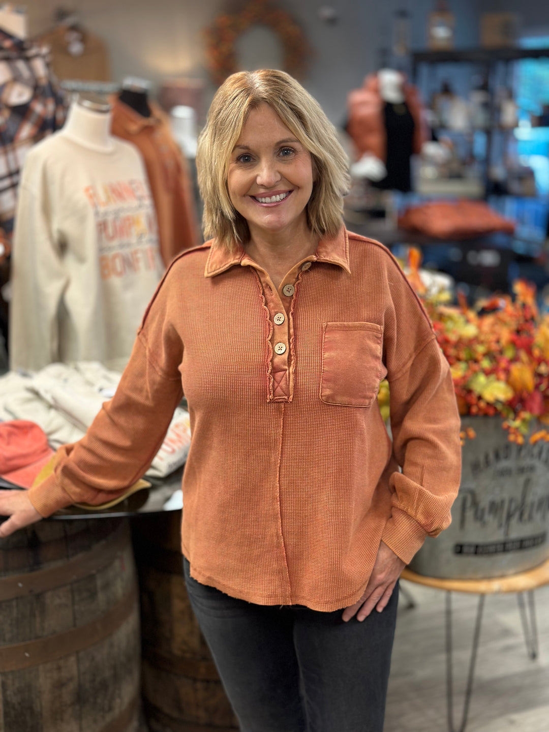 Button Down Collared Washed Henley Knit Top-Long Sleeves-Very J-Evergreen Boutique, Women’s Fashion Boutique in Santa Claus, Indiana