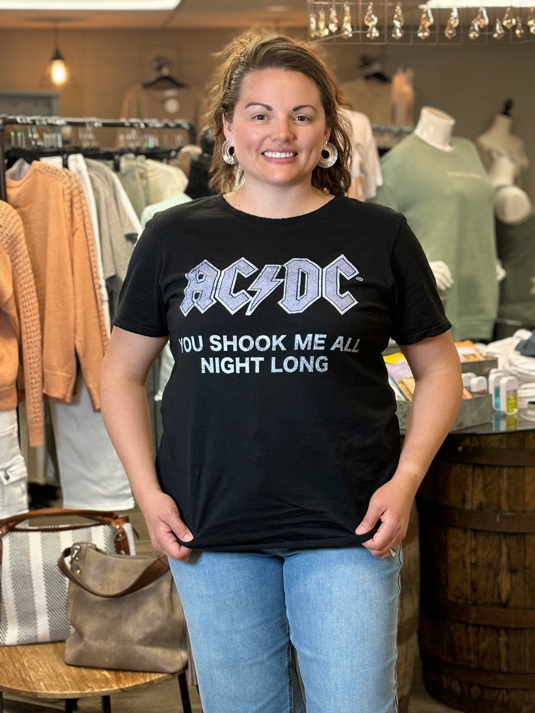 AC/DC Shook Me All Night Long Boyfriend Tee-Graphic Tees-Recycled Karma-Evergreen Boutique, Women’s Fashion Boutique in Santa Claus, Indiana