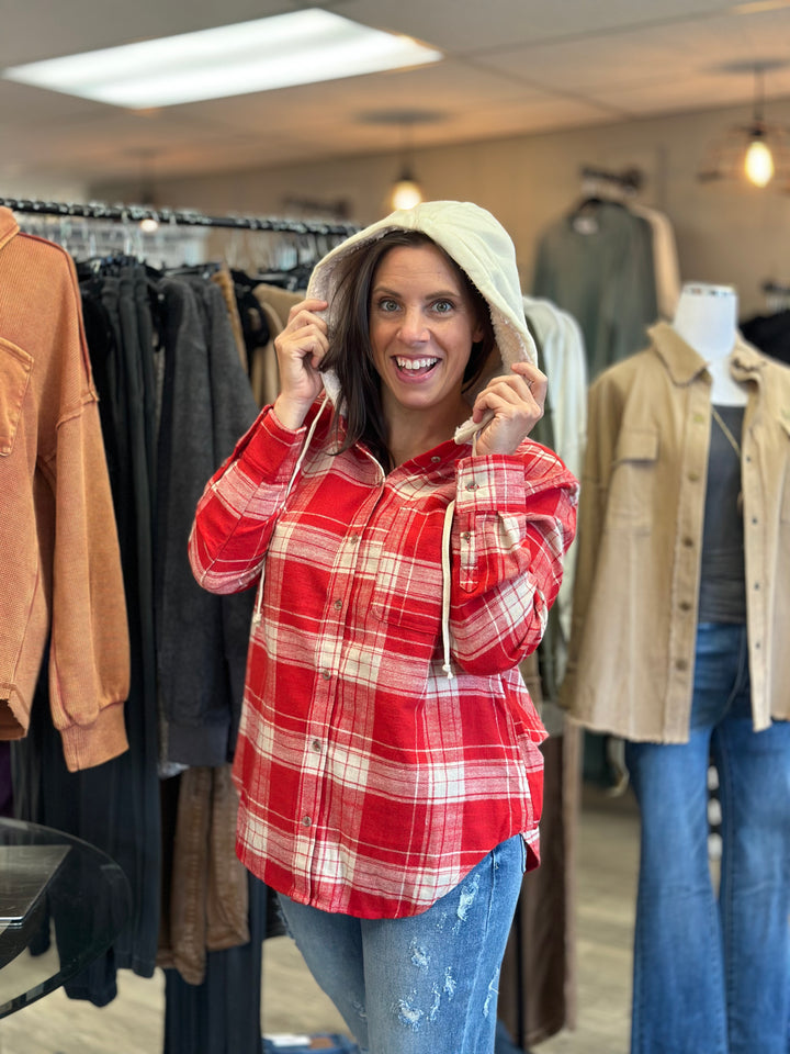 Miley Plaid Hooded Shacket, Red-Shackets-Love Tree-Evergreen Boutique, Women’s Fashion Boutique in Santa Claus, Indiana