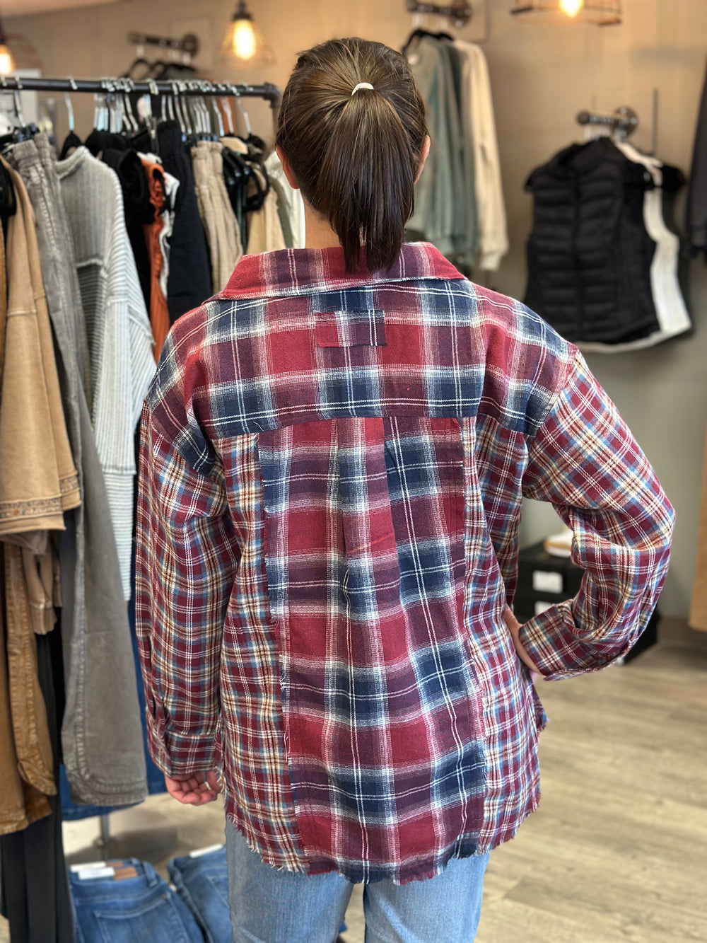 Oversized Contrast Plaid Shirt Top-Long Sleeves-Very J-Evergreen Boutique, Women’s Fashion Boutique in Santa Claus, Indiana