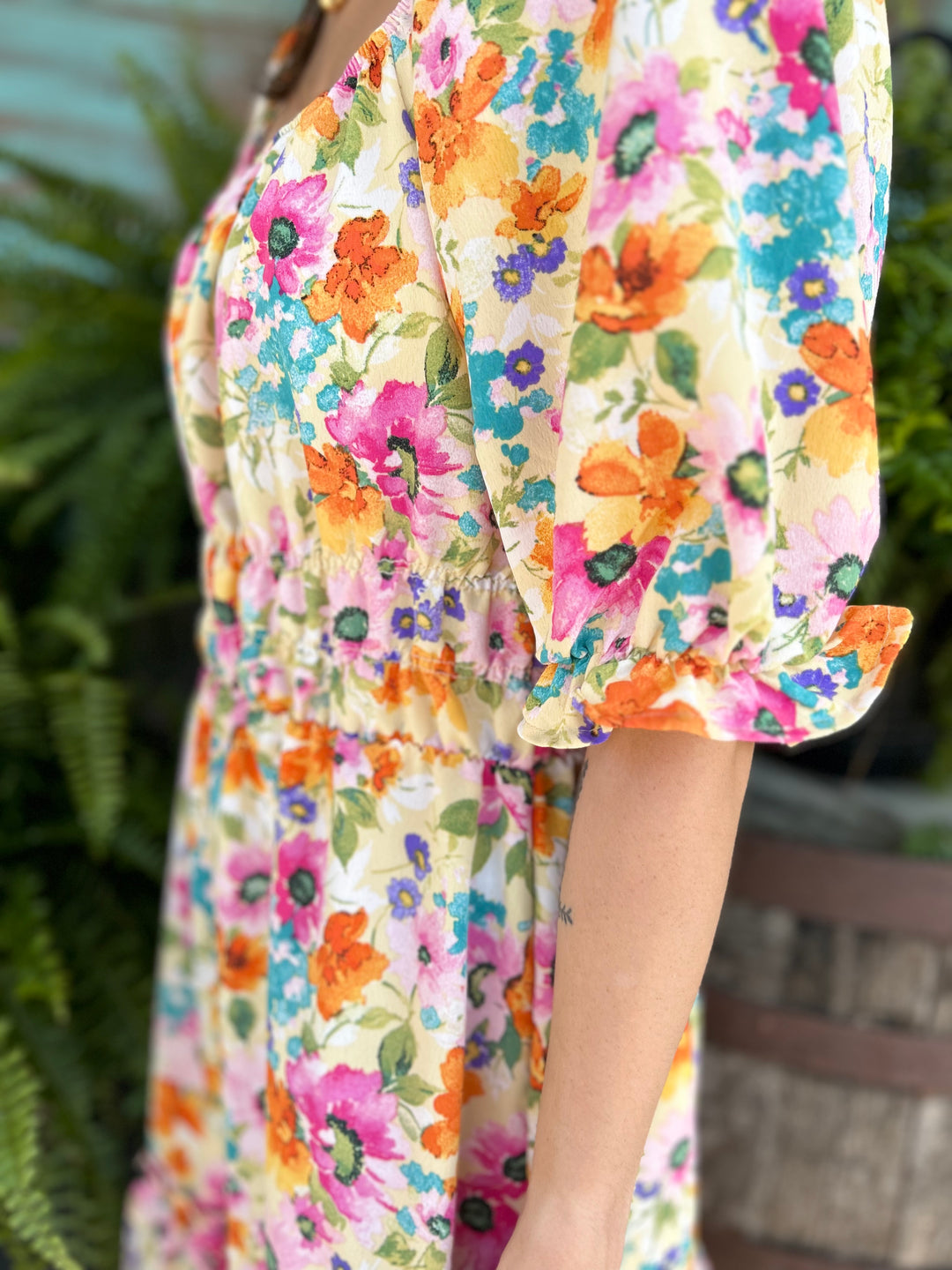 Chiffon Floral Midi Dress With Square Neckline-Dresses-Chris and Carol-Evergreen Boutique, Women’s Fashion Boutique in Santa Claus, Indiana