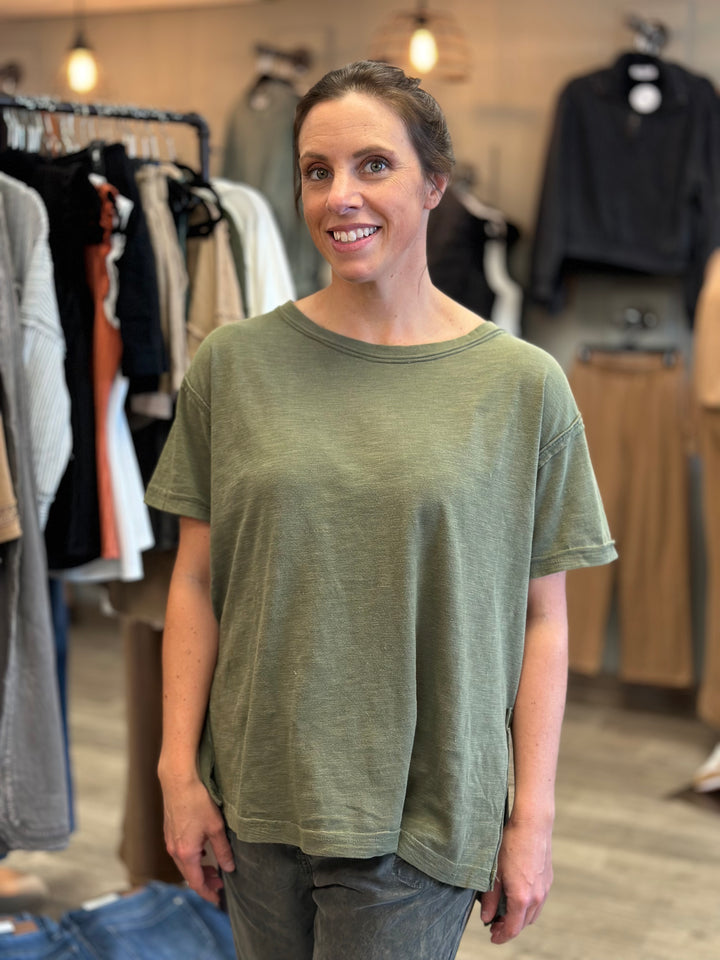 Anything But Basic Side Slit Tee-Short Sleeves-Rae Mode-Evergreen Boutique, Women’s Fashion Boutique in Santa Claus, Indiana