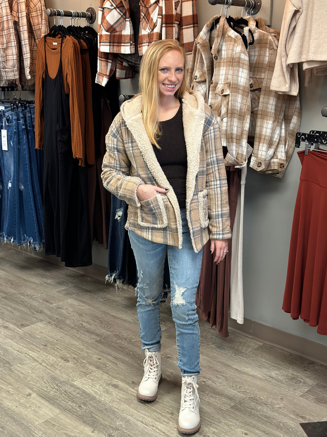 Hometown Plaid Hooded Jacket, Two Colors-Jackets-Very J-Evergreen Boutique, Women’s Fashion Boutique in Santa Claus, Indiana