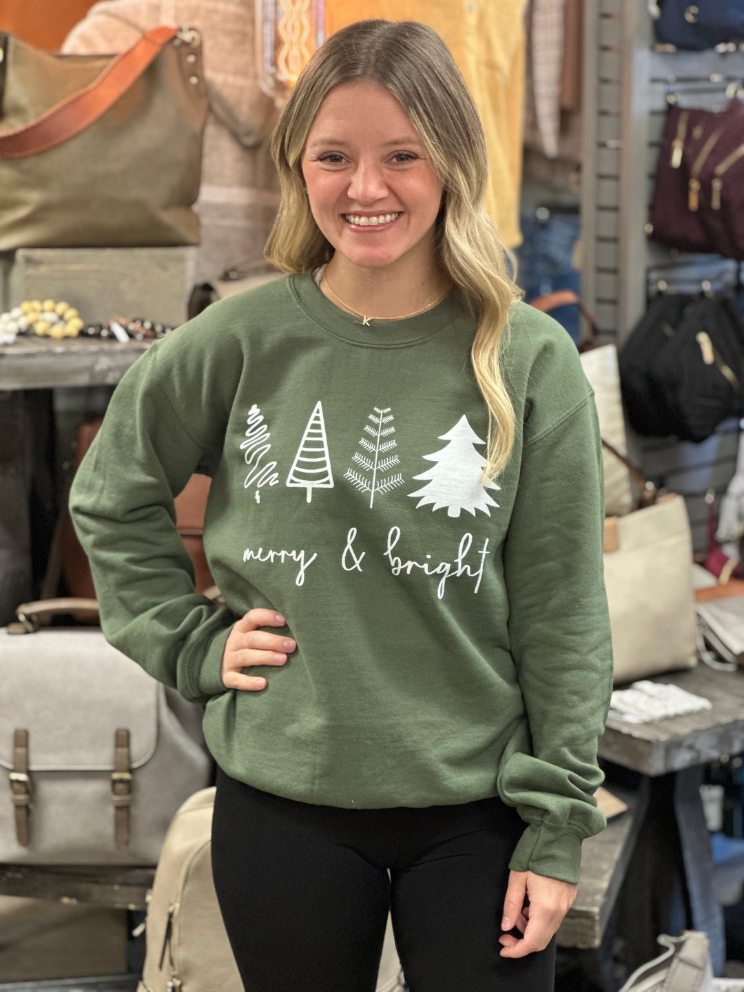 Merry & Bright Crewneck-Sweaters-Imperial Apparel Design-Evergreen Boutique, Women’s Fashion Boutique in Santa Claus, Indiana