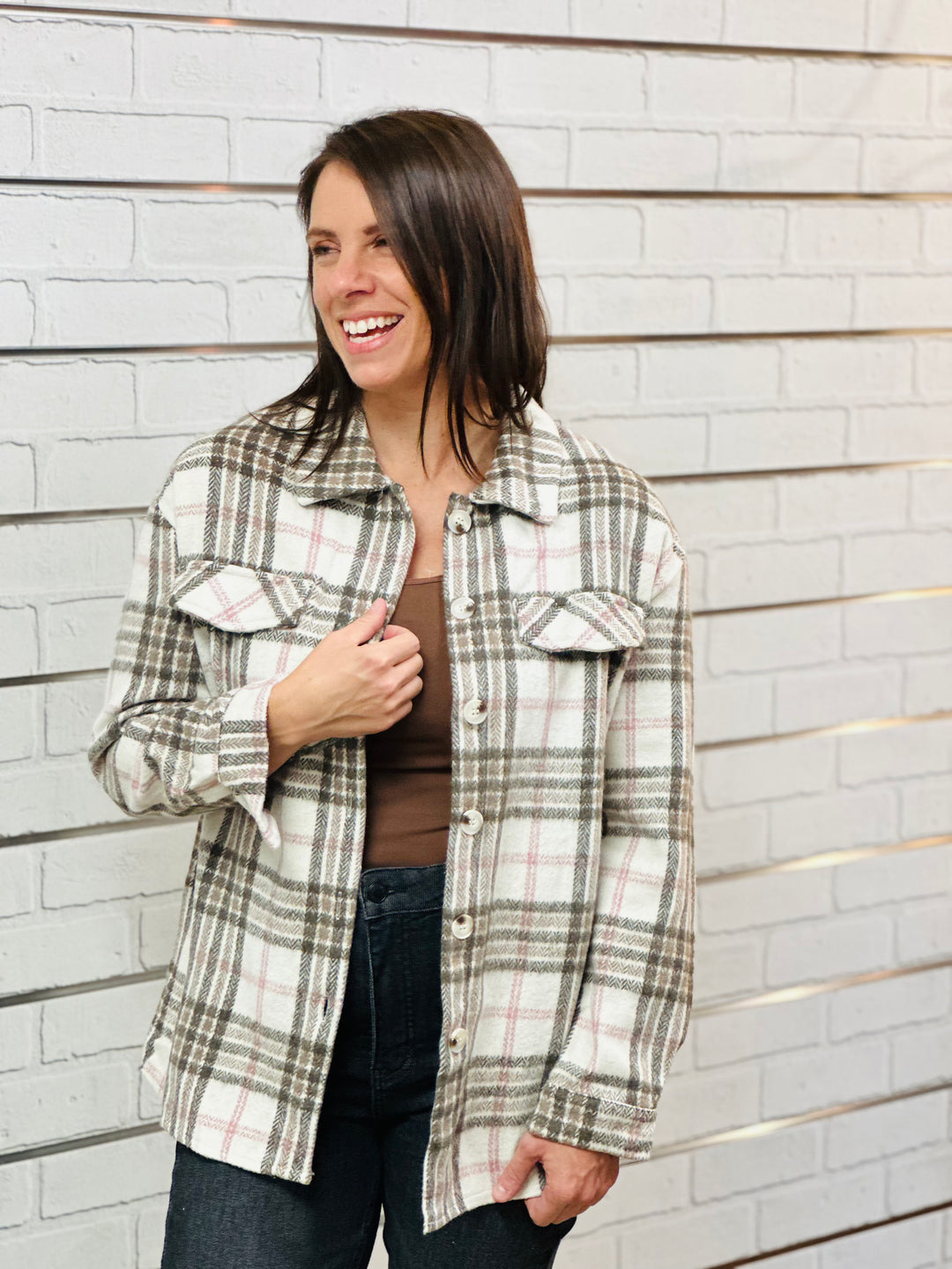 Buttoned Turn Down Collar Plaid Shacket-Shackets-Dear Lover-Evergreen Boutique, Women’s Fashion Boutique in Santa Claus, Indiana
