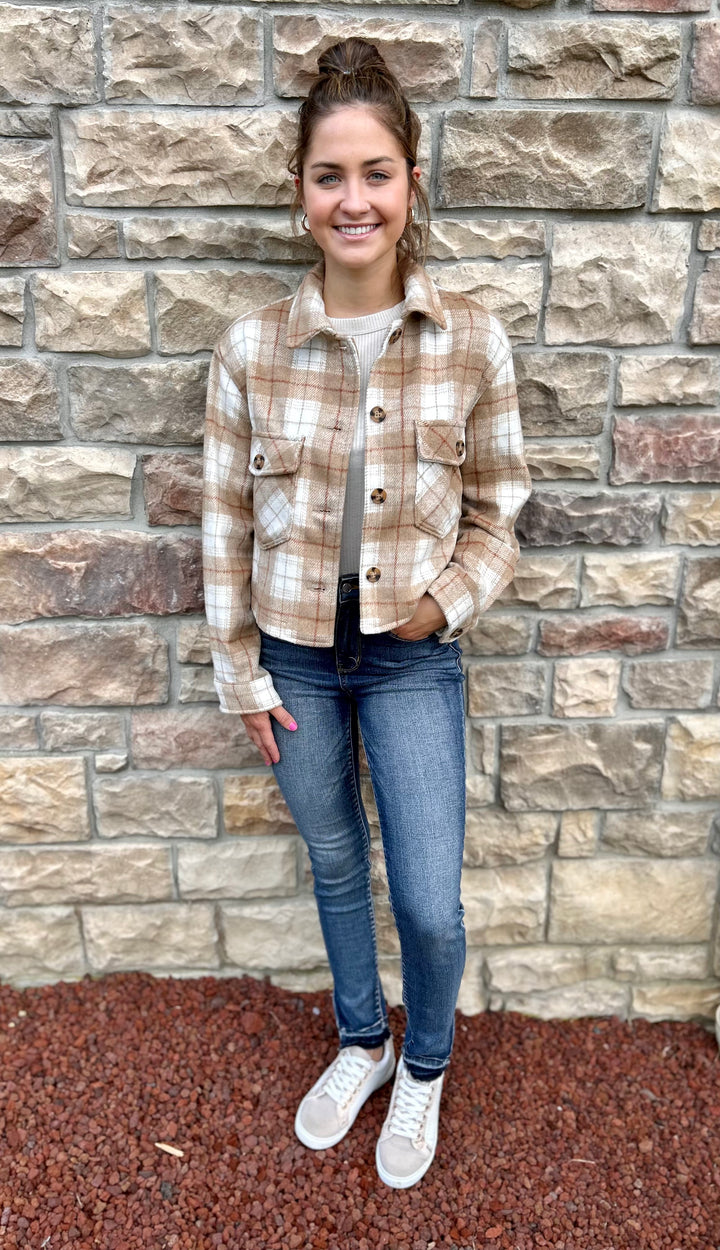 Plaid Button Down Cropped Shacket-Shackets-Love Tree-Evergreen Boutique, Women’s Fashion Boutique in Santa Claus, Indiana