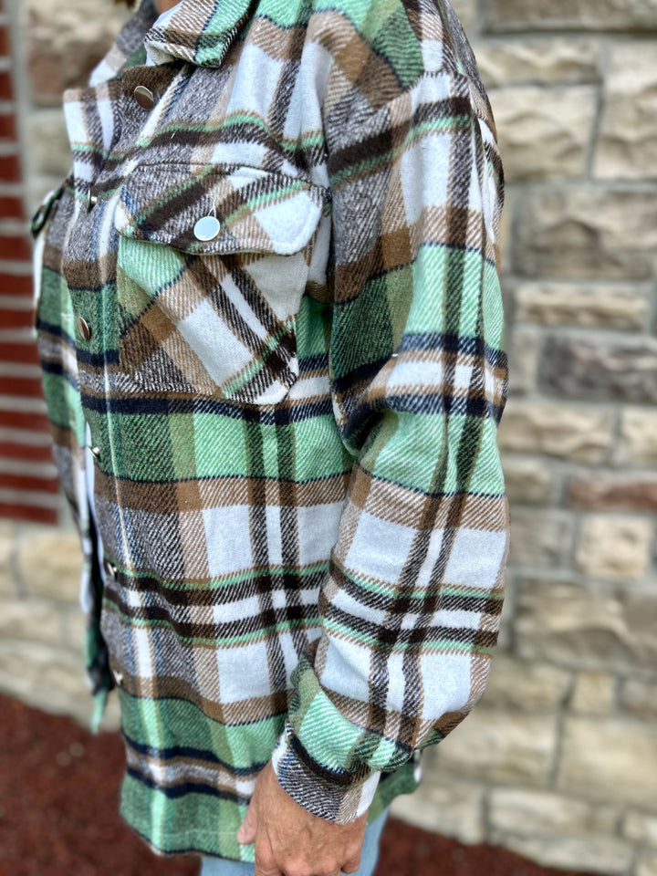 Geometric Plaid Print Pocketed Shacket-Shackets-Dear Lover-Evergreen Boutique, Women’s Fashion Boutique in Santa Claus, Indiana