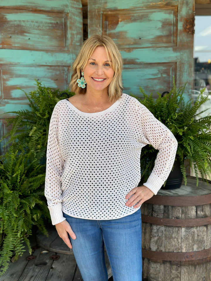 Eyelet Knit Sweater With Ribbed Cuff Sleeves-Sweaters-ee:some-Evergreen Boutique, Women’s Fashion Boutique in Santa Claus, Indiana