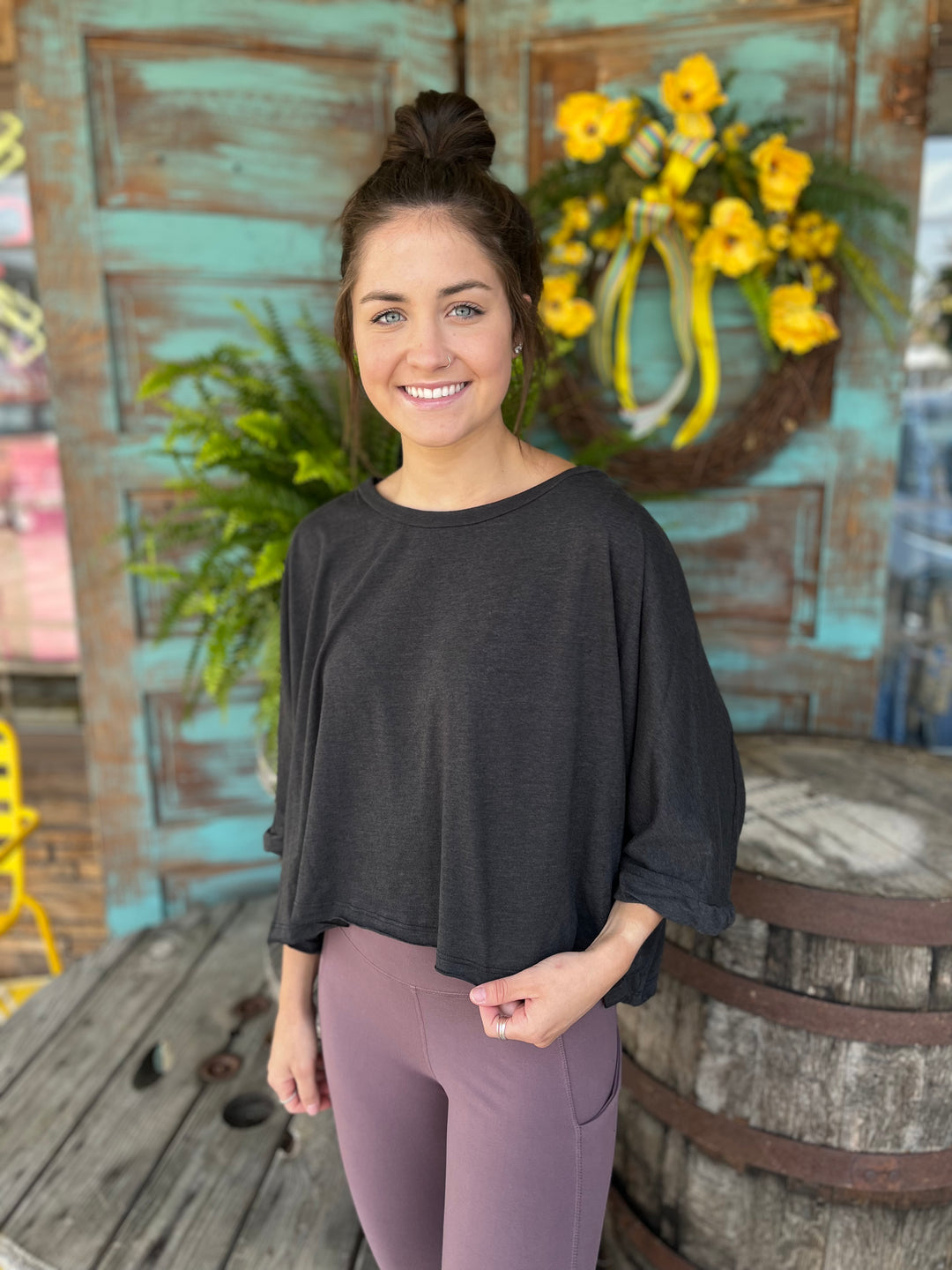 Oversized Crop Tee With Twisted Sleeve Band Detail-Long Sleeves-Rae Mode-Evergreen Boutique, Women’s Fashion Boutique in Santa Claus, Indiana