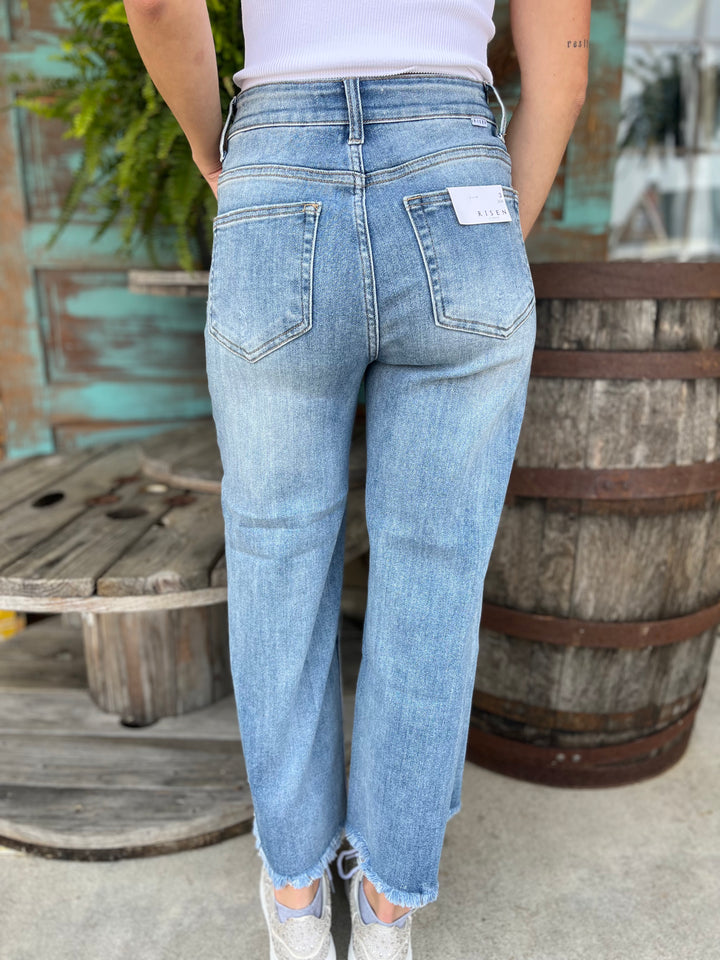 Risen High Rise Frayed Hem Ankle Wide Jeans-Jeans-Risen-Evergreen Boutique, Women’s Fashion Boutique in Santa Claus, Indiana