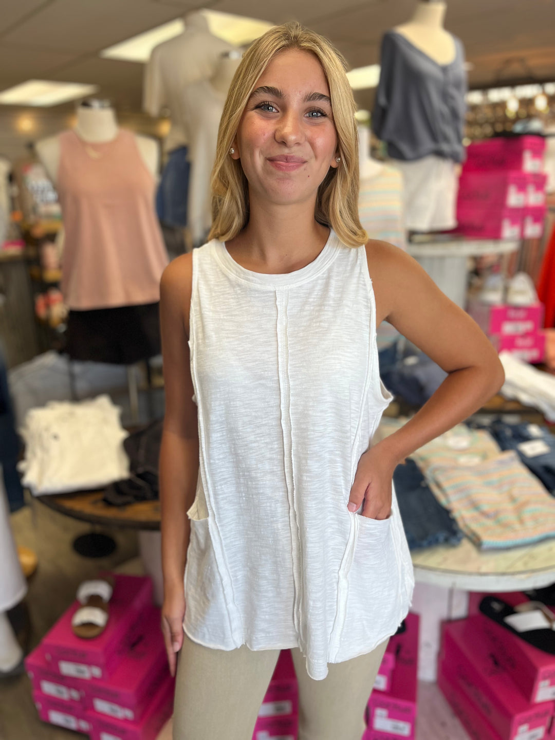 Sleeveless Exposed Seam Knit Tank Top-Tank Tops-Very J-Evergreen Boutique, Women’s Fashion Boutique in Santa Claus, Indiana
