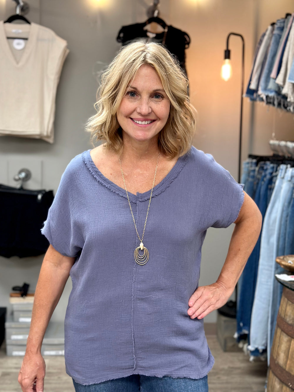 Wendy V-Neck Cotton Gauze Top With Raw Edge Detail-Short Sleeves-La Miel-Evergreen Boutique, Women’s Fashion Boutique in Santa Claus, Indiana