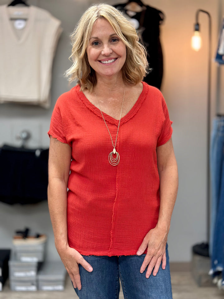 Wendy V-Neck Cotton Gauze Top With Raw Edge Detail-Short Sleeves-La Miel-Evergreen Boutique, Women’s Fashion Boutique in Santa Claus, Indiana