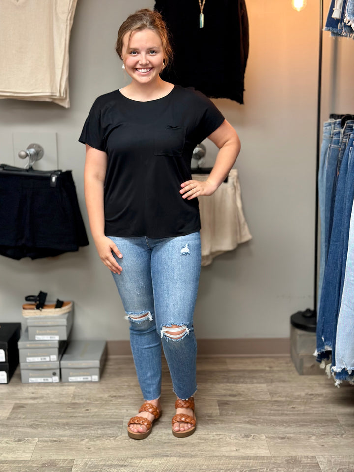 Callie Oversized Front Pocket Top-Short Sleeves-P.S. Kate-Evergreen Boutique, Women’s Fashion Boutique in Santa Claus, Indiana
