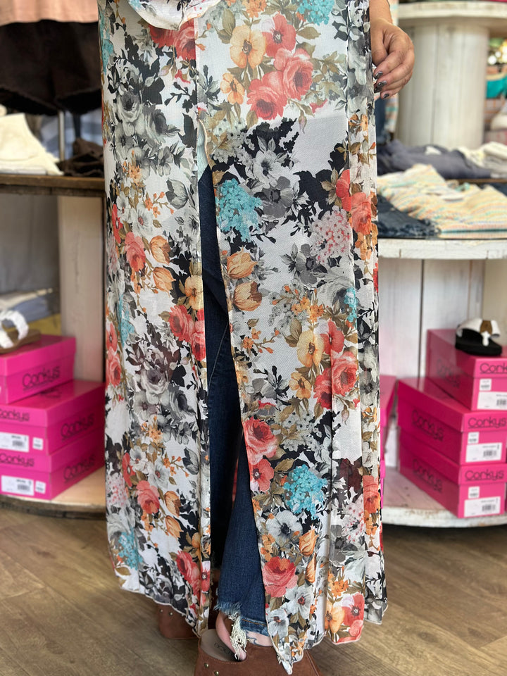 Mesh Floral Print Kimono-Kimonos-P.S. Kate-Evergreen Boutique, Women’s Fashion Boutique in Santa Claus, Indiana