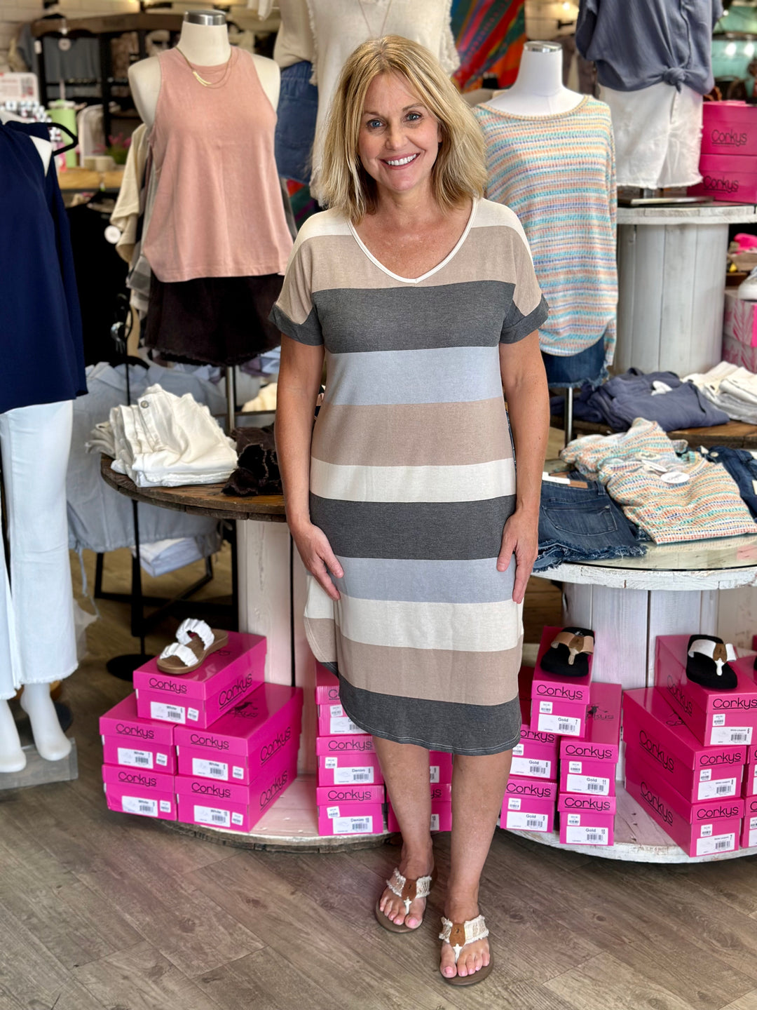 Striped Short Sleeve Dress With V-Neckline-Dresses-Chris and Carol-Evergreen Boutique, Women’s Fashion Boutique in Santa Claus, Indiana