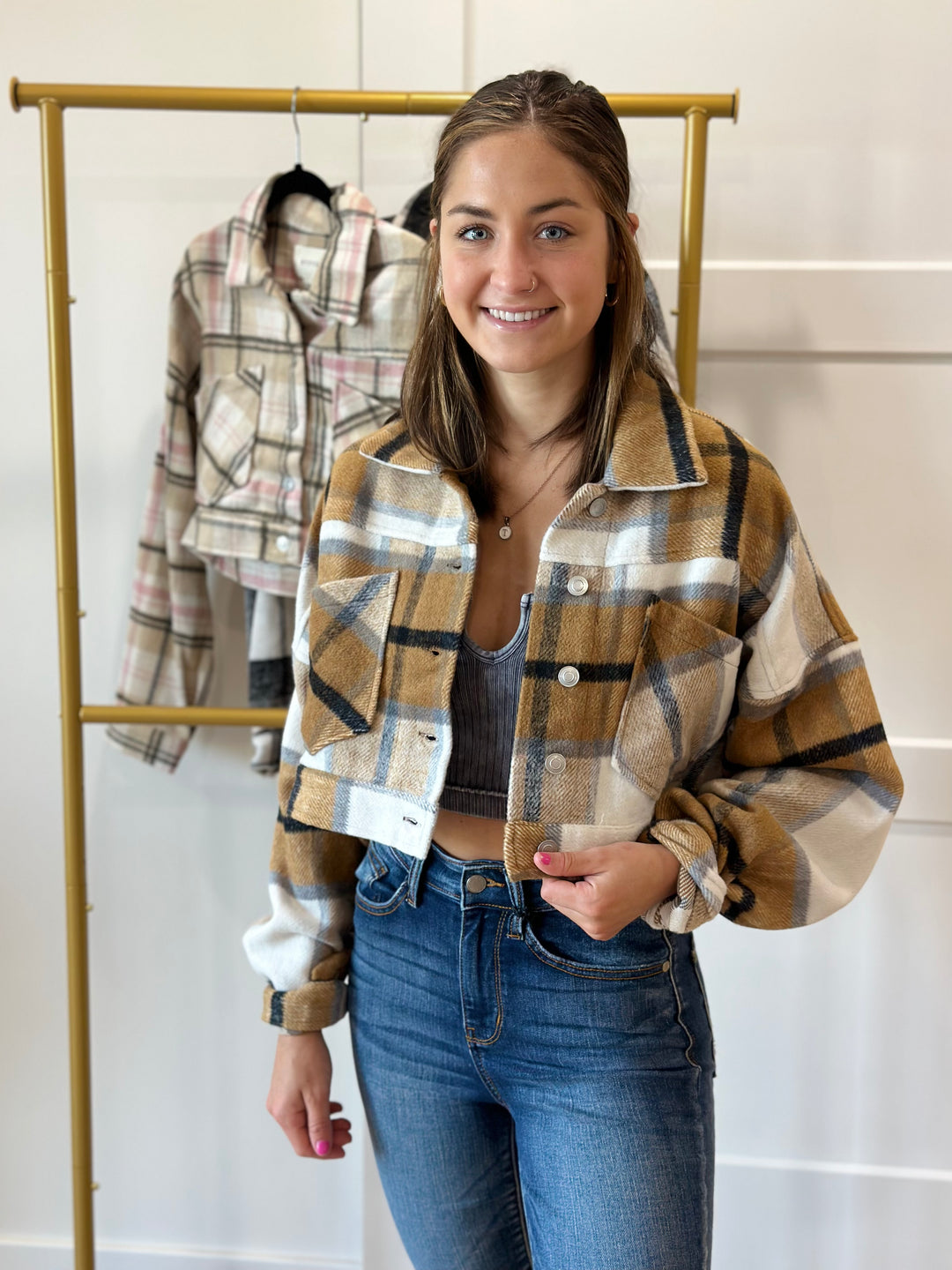 Cropped Button Up Plaid Jacket-Jackets-Hyfve-Evergreen Boutique, Women’s Fashion Boutique in Santa Claus, Indiana