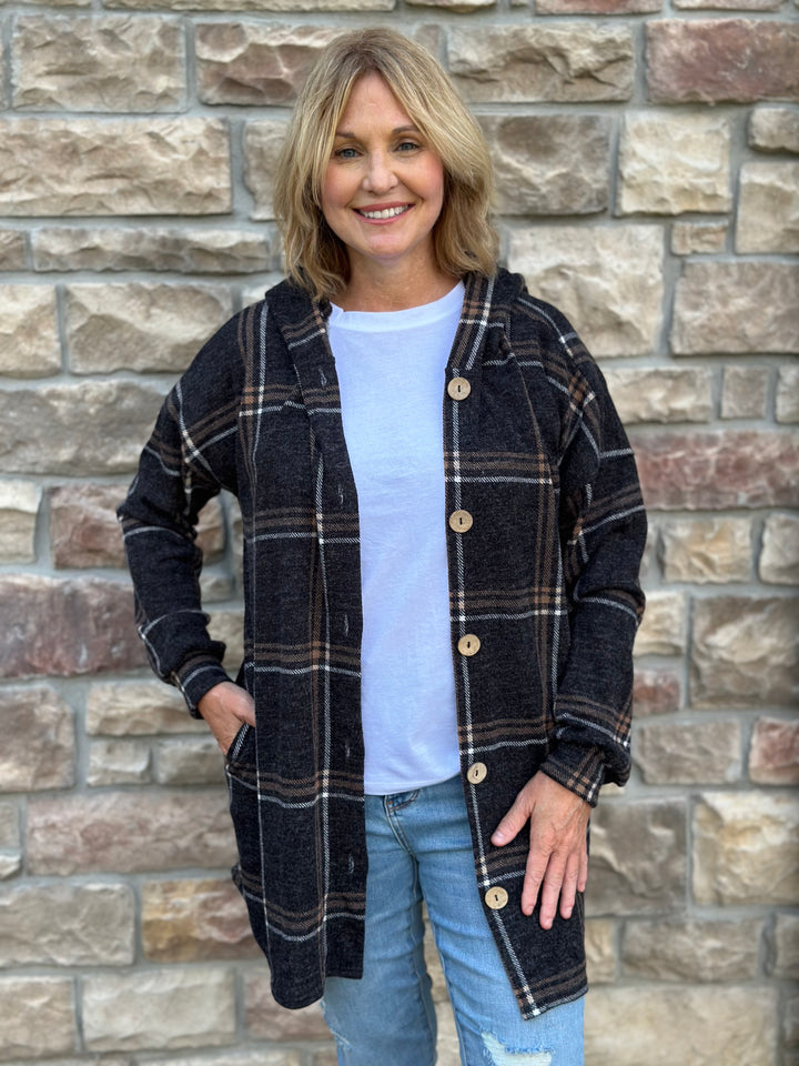 Hooded Plaid Button Down Shacket With Pockets-Shackets-Heimish-Evergreen Boutique, Women’s Fashion Boutique in Santa Claus, Indiana