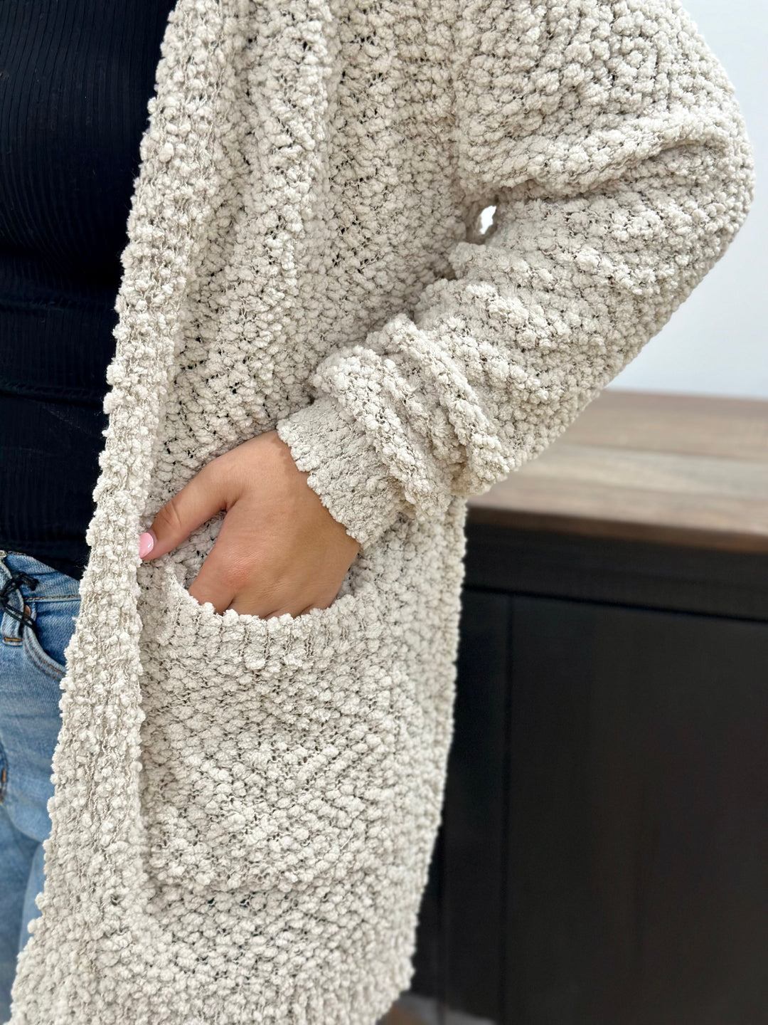 Zenana Long Sleeve Popcorn Sweater Cardigan With Pockets-Cardigans-Zenana-Evergreen Boutique, Women’s Fashion Boutique in Santa Claus, Indiana