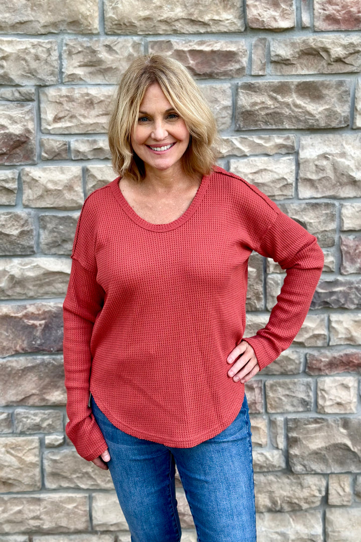 Joanne Long Sleeve Waffle Knit Top With Raw Edge-Long Sleeves-La Miel-Evergreen Boutique, Women’s Fashion Boutique in Santa Claus, Indiana