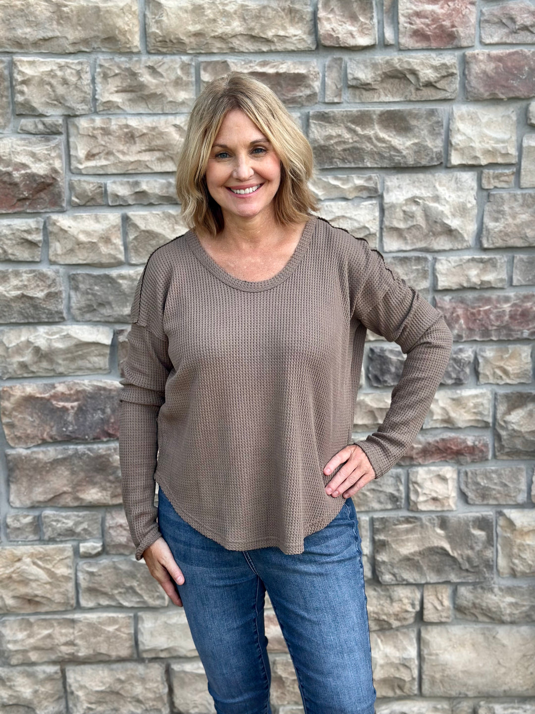 Joanne Long Sleeve Waffle Knit Top With Raw Edge-Long Sleeves-La Miel-Evergreen Boutique, Women’s Fashion Boutique in Santa Claus, Indiana